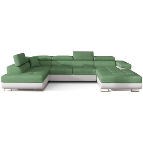 Canapé panoramique convertible ROMANO - Rangement et appuie-têtes réglables à gauche-Blanc/Vert clair-Coffre à gauche (1/5)