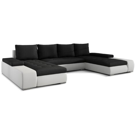 Canapé panoramique convertible TINO bi-matière avec rangement-Blanc/Noir