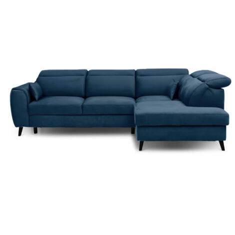 Canapé d’angle convertible NOBLESSE en velours avec coffre et pieds en bois noir – 265cm angle droit-Bleu-angle droit (1/5)