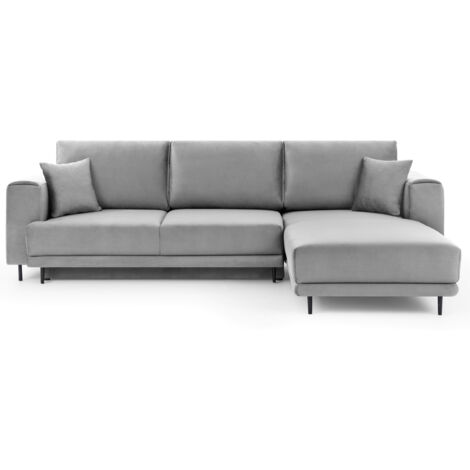 Canapé d'angle convertible velours DAVINA - Coffre et pieds métal noir angle droit-Gris clair-angle droit (1/5)