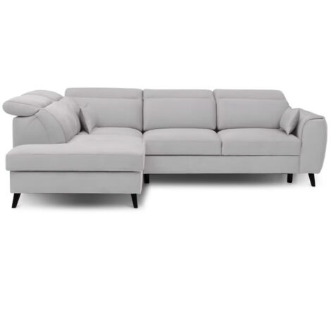 Canapé d’angle convertible NOBLESSE en velours avec coffre et pieds en bois noir – 265cm angle gauche-Gris clair-angle gauche (1/5)