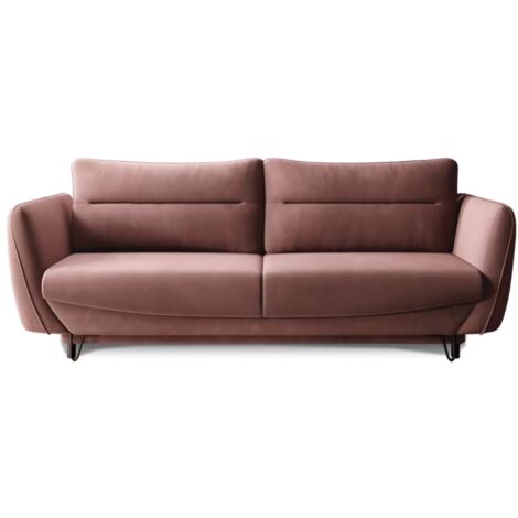 Canapé droit convertible tissu ZURIK - Coffre de rangement et pieds métal noir-Rose poudré (1/5)