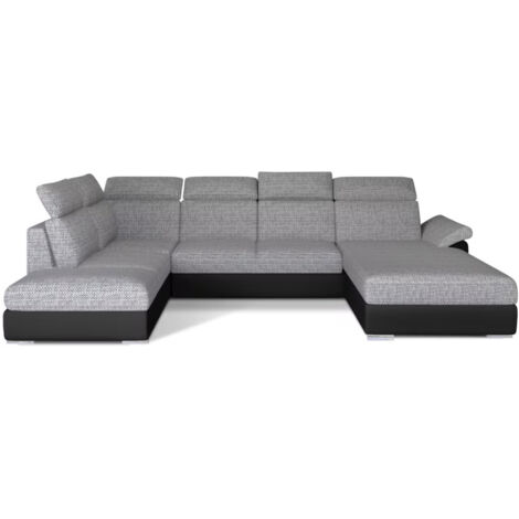 Canapé Convertible Panoramique LEVANO Tissu et Simili Cuir, Têtières à droite-Noir/Gris clair chiné-Coffre à droite (1/5)