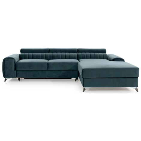 Canapé d’angle convertible GRENKY en velours avec coffre et têtières réglables – 278cm angle droit-Bleu canard-angle droit (1/5)