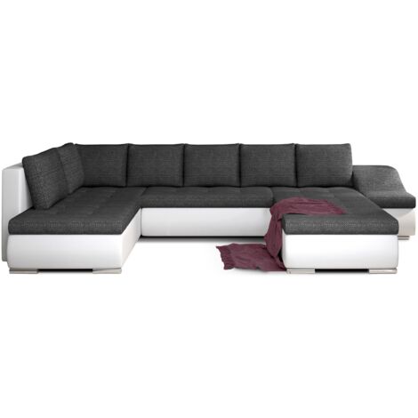 Canapé panoramique convertible JONAZ simili cuir, tissu - Rangement integré A droite-Blanc/Gris chiné-Méridienne A droite (1/5)