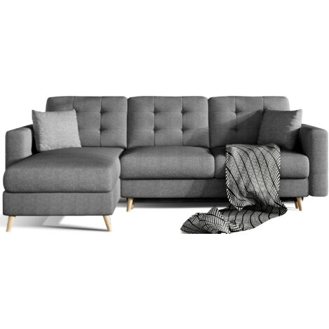 Canapé d'angle convertible et réversible tissu ANSKA - Pieds bois naturel-Gris foncé (1/5)