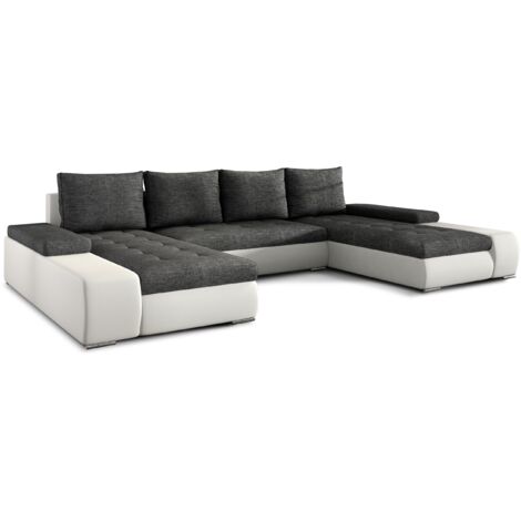Canapé panoramique convertible TINO bi-matière avec rangement-Blanc/Gris foncé