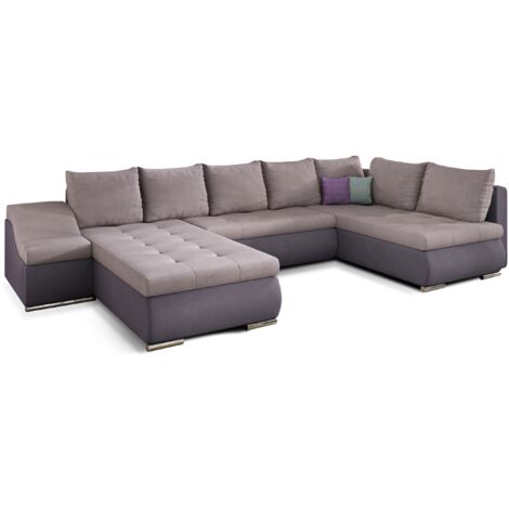 Canapé panoramique convertible JONAZ simili cuir, tissu - Rangement integré A gauche-Mauve/Rose clair-Méridienne A gauche