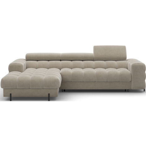 Canapé d’angle convertible velours appuis-tête réglables KATE – Coffre et pieds métal noir angle gauche-Beige-angle gauche (1/5)