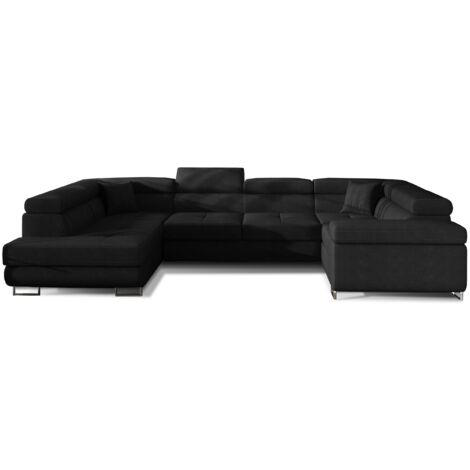 Canapé convertible panoramique TOVY velours - Rangement et têtières réglables à gauche-Noir-Coffre à gauche (1/5)