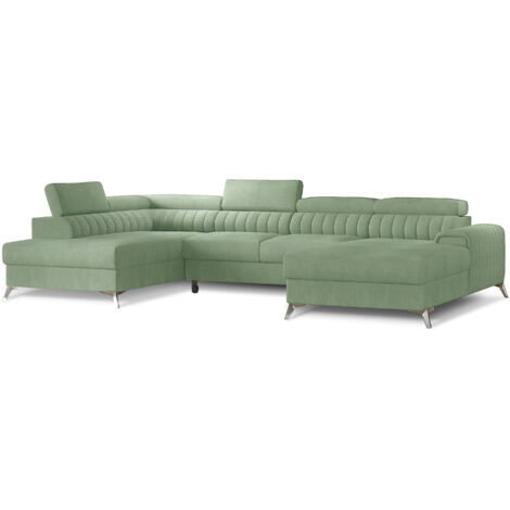 Canapé en U convertible KALANTE tissu - Coffre de rangement et appuie-têtes réglables à gauche-Vert clair-Coffre à gauche (1/5)