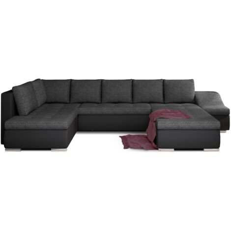 Canapé panoramique convertible JONAZ simili cuir, tissu - Rangement integré A droite-Noir/Noir chiné-Méridienne A droite