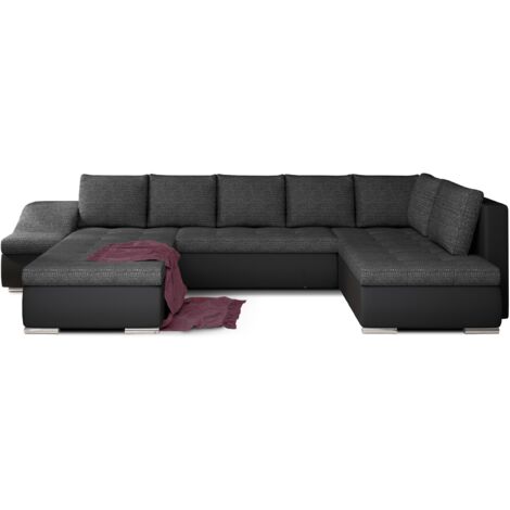 Canapé panoramique convertible JONAZ simili cuir, tissu - Rangement integré A gauche-Noir/Noir chiné-Méridienne A gauche (1/5)