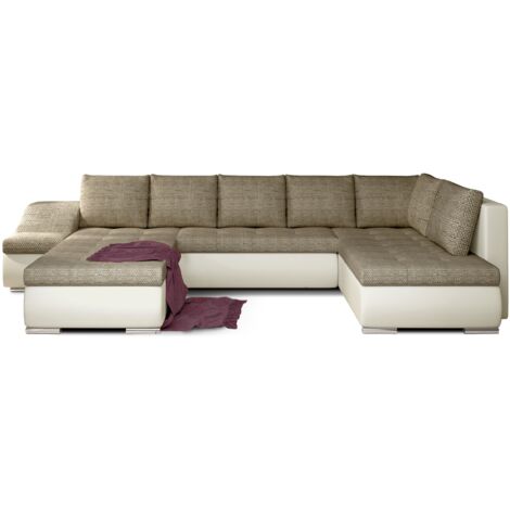 Canapé panoramique convertible JONAZ simili cuir, tissu - Rangement integré A gauche-Beige clair/Beige chiné-Méridienne A gauche