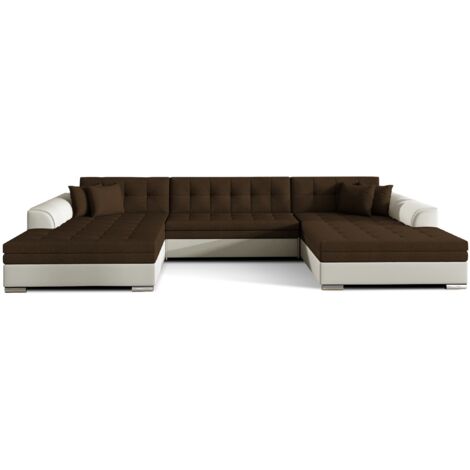 Les Tendances – Canapé panoramique convertible 6 places en bi-matière – Revêtement simili cuir et tissu italien – Dimensions 359 x 165 x 80 cm – Couchage 126 x 305 cm