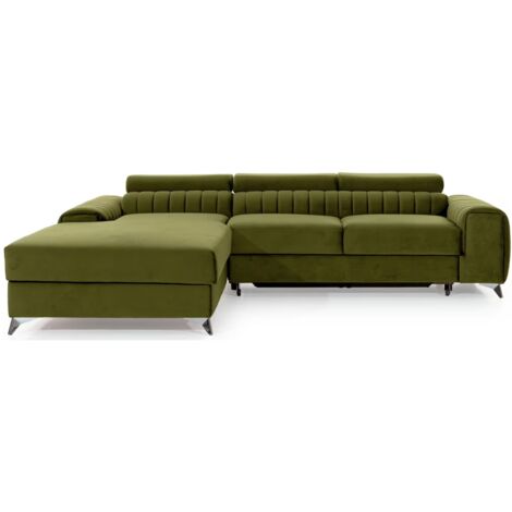Canapé d’angle convertible GRENKY en velours avec coffre et têtières réglables – 278cm angle gauche-Vert olive-angle gauche (1/5)