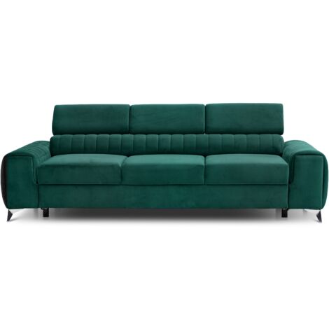 Canapé convertible velours LOZA - Appuis-tête réglables et pieds acier chromé-Vert (1/5)