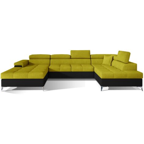 Canapé panoramique convertible KUTTY - Rangement et appuie-têtes réglables à droite-Noir/Jaune olive-Coffre à droite (1/5)