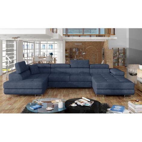 Canapé panoramique convertible ROMANO tissu - Rangement et appuie-têtes réglables à gauche-Bleu turquin-Coffre à gauche (1/5)