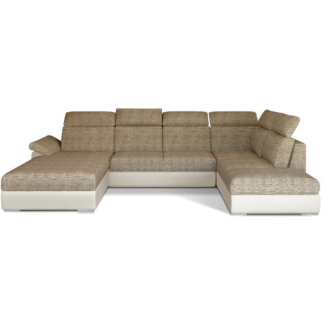 Canapé Convertible Panoramique LEVANO Tissu et Simili Cuir, Têtières à gauche-Beige clair/Beige chiné-Coffre à gauche (1/5)