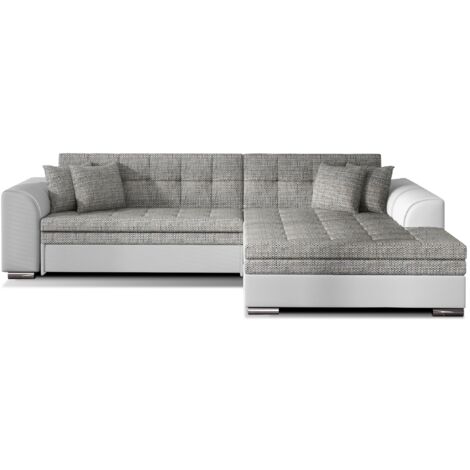 Canapé d'angle convertible tissu et simili LOOKA - Pieds métal chromé angle droit-Blanc/Gris chiné-angle droit (1/5)