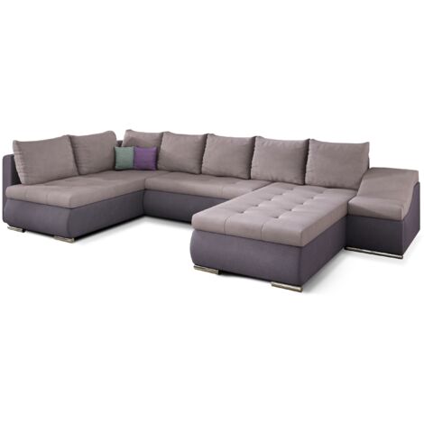 Canapé panoramique convertible JONAZ simili cuir, tissu - Rangement integré A droite-Mauve/Rose clair-Méridienne A droite