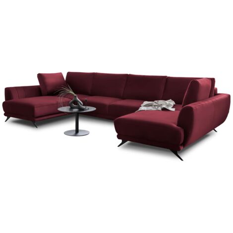 Canapé panoramique convertible LARGOS - Velours irrésistiblement douillet-Rouge cerise (1/5)