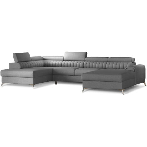 Canapé en U convertible KALANTE tissu - Coffre de rangement et appuie-têtes réglables à gauche-Gris clair-Coffre à gauche (1/5)