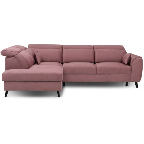 Canapé d’angle convertible NOBLESSE en velours avec coffre et pieds en bois noir – 265cm angle gauche-Rose poudré-angle gauche (1/5)