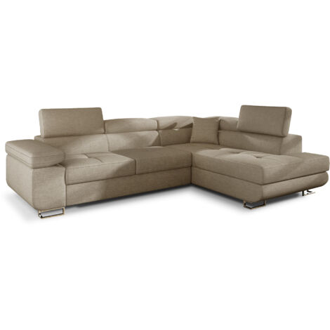 Canapé d'angle convertible tissu MARKA - Coffre et appuis-tête réglables angle droit-Beige-angle droit (1/5)