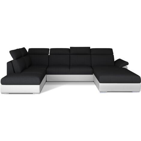 Canapé Convertible Panoramique LEVANO Tissu et Simili Cuir, Têtières à droite-Blanc/Noir-Coffre à droite (1/5)