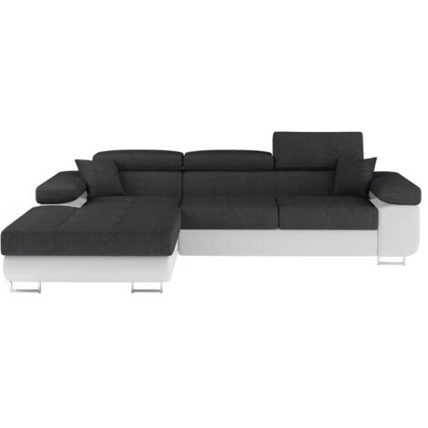Canapé d'angle convertible appuis-tête réglables KALIZO - Coffre et pieds acier chromé angle gauche-Blanc/Gris foncé-angle gauche (1/5)
