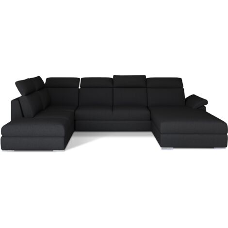 Canapé panoramique convertible LEVANO tissu - Rangement et appuie-têtes réglables à droite-Noir-Coffre à droite (1/5)