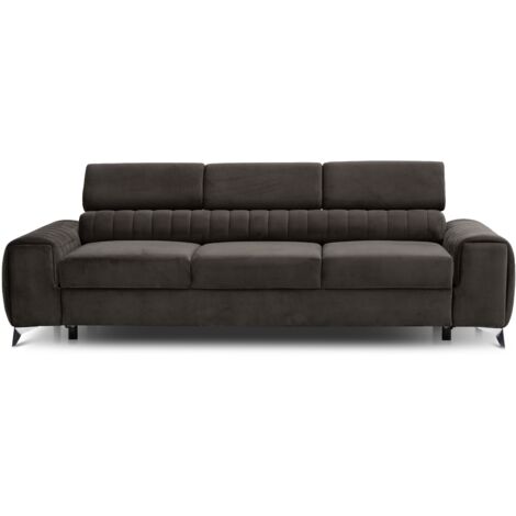 Canapé convertible velours LOZA - Appuis-tête réglables et pieds acier chromé-Marron foncé (1/5)