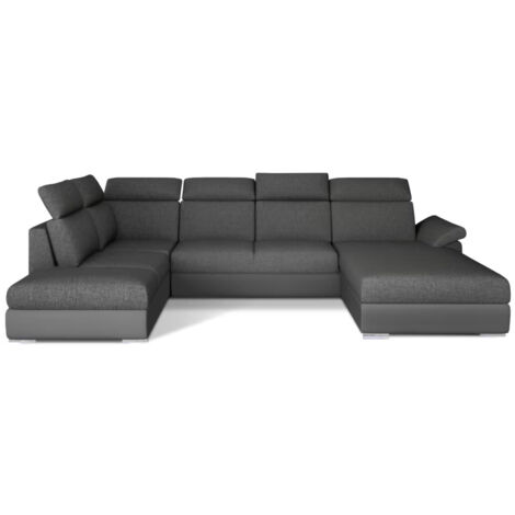 Canapé Convertible Panoramique LEVANO Tissu et Simili Cuir, Têtières à droite-Gris/Gris chiné-Coffre à droite (1/5)