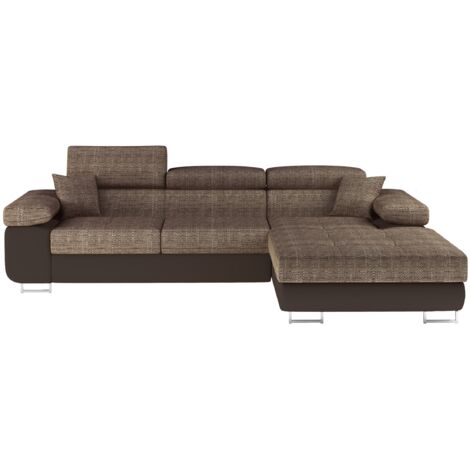 Canapé d'angle convertible appuis-tête réglables KALIZO - Coffre et pieds acier chromé angle droit-Marron/Marron clair-angle droit (1/5)