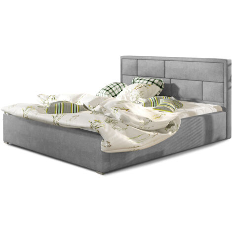 Lit adulte avec coffre de rangement Lenzo – Velours rembourré-Gris-140x200 (1/5)