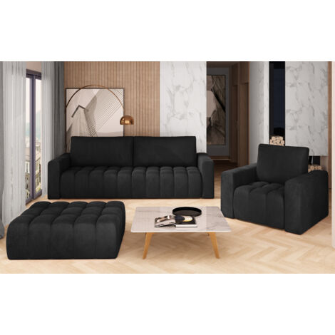 Ensemble 1 canapé convertible + 1 fauteuil + 1 pouf capitonné LARKO velours-Noir (1/5)