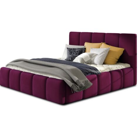 Lit adulte avec coffre de rangement Vika – Velours capitonné-Prune-160x200 (1/5)