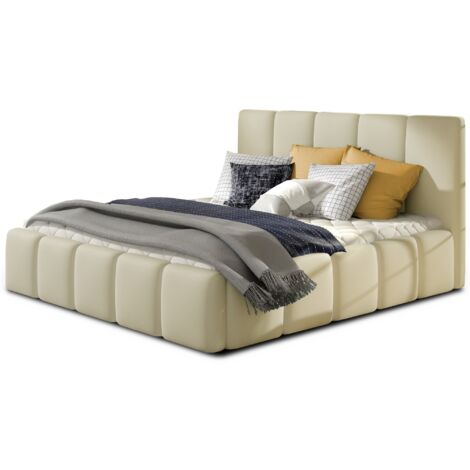 Lit adulte avec coffre de rangement Vika – Simili cuir capitonné-Beige clair-180x200 (1/5)