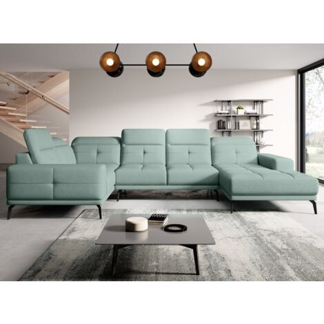 Canapé panoramique design SKAW tissu - Têtières réglables A gauche-Vert pastel-Méridienne A gauche (1/5)