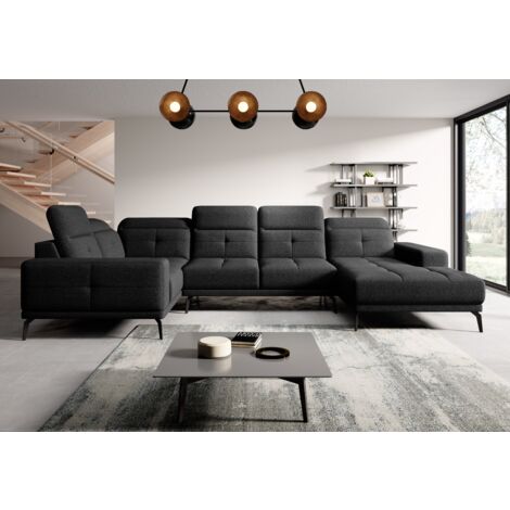 Canapé panoramique design SKAW tissu - Têtières réglables A gauche-Noir chiné-Méridienne A gauche (1/5)