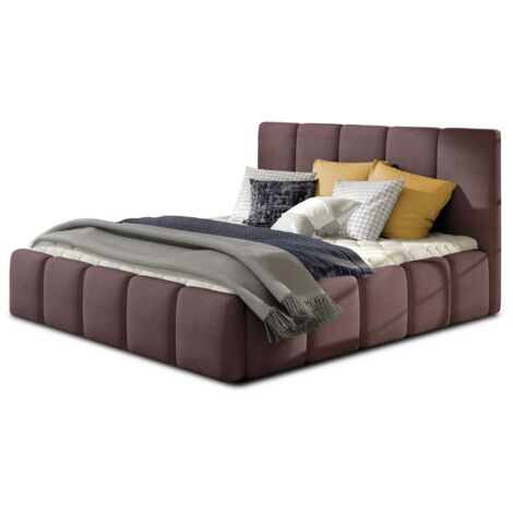Lit adulte avec coffre de rangement Vika – Tissu capitonné-Marron-160x200 (1/5)