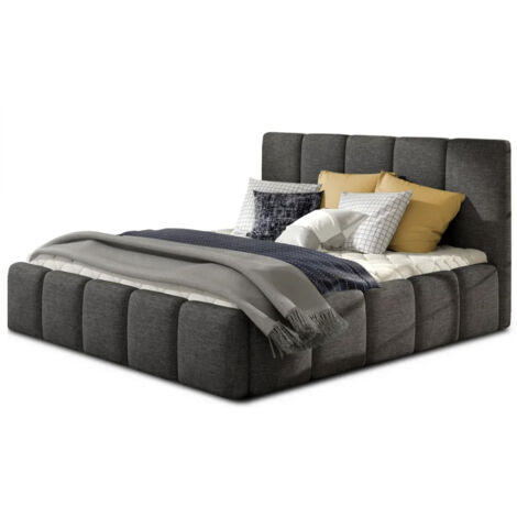 Lit adulte avec coffre de rangement Vika – Tissu capitonné-Noir chiné-140x200 (1/5)