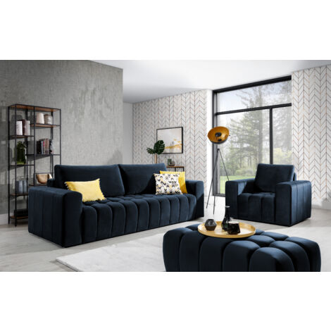 Ensemble 1 canapé convertible + 1 fauteuil + 1 pouf capitonné LARKO velours-Bleu marine (1/2)
