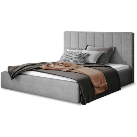 Lit adulte avec coffre de rangement Vareza – Tissu matelassé-Gris clair-180x200 (1/4)