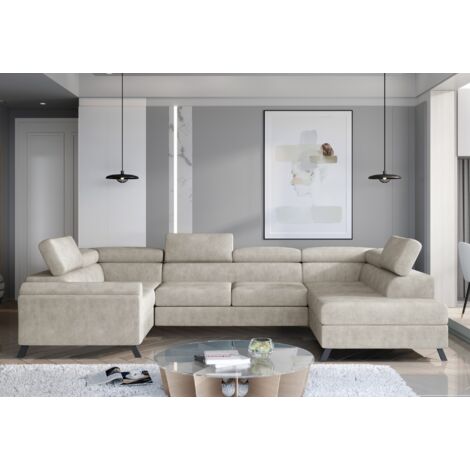 Canapé panoramique convertible SKADA tissu – Rangement et appuis-têtes réglables à droite-Beige clair-Coffre à droite (1/5)