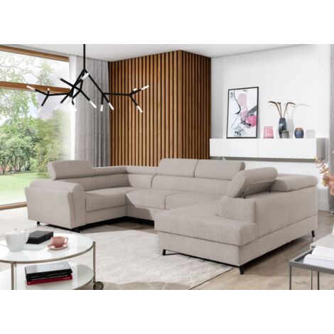 Canapé panoramique convertible SKADA tissu – Rangement et appuis-têtes réglables à droite-Beige clair-Coffre à droite (1/5)