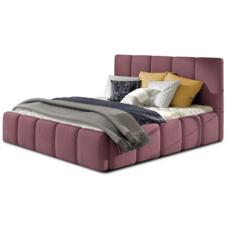 Lit adulte avec coffre de rangement Vika – Velours capitonné-Rose-140x200 (1/5)