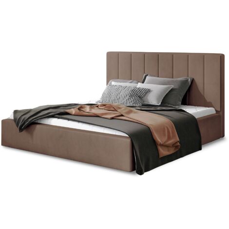 Lit adulte avec coffre de rangement Vareza – Velours matelassé-Marron clair-160x200 (1/5)